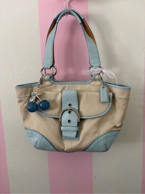 Coach Beige and Light Blue Tote with Charm and Buckle Detail